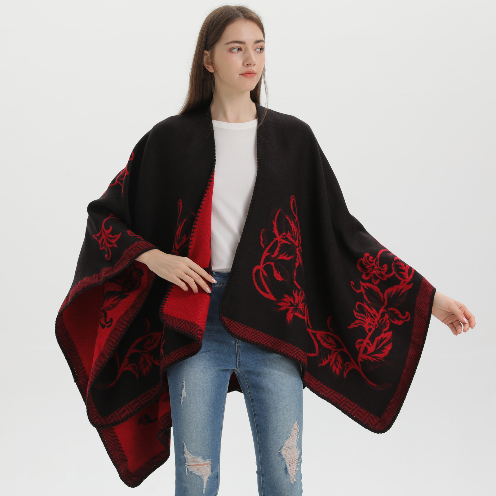 Womens Shawl New Autumn Winter Imitation Cashmere Jacquard Split Warm Thickened Shawl Cape Hot Sale