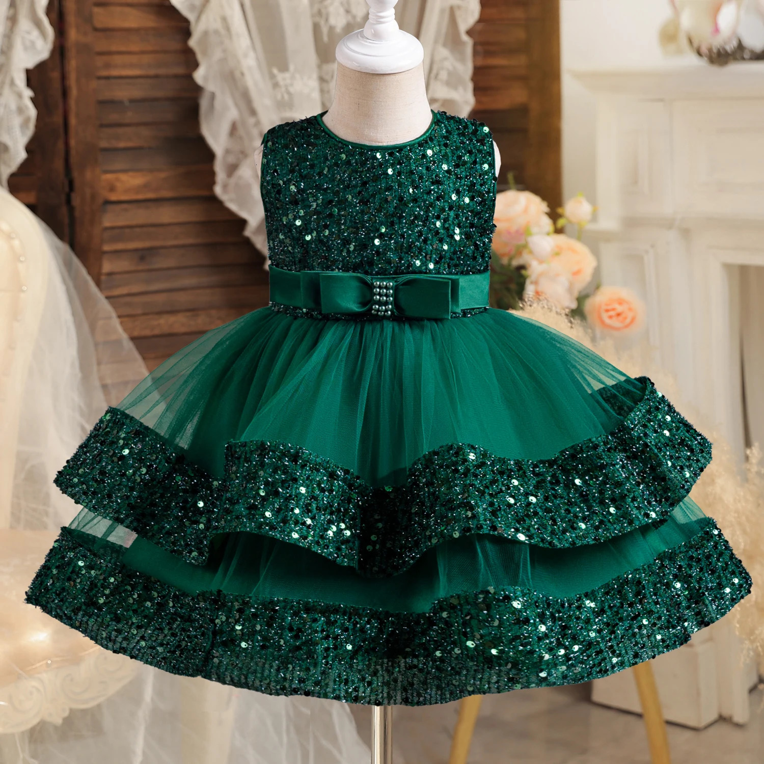 Baby Girls Party Dress Sequins 1st Birthday Baptism Toddler Dress Wedding Green Princess Dresses for Kids Girls Gown 251023