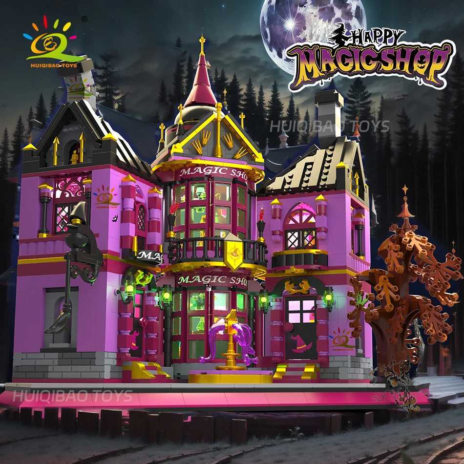 HUIQIBAO Halloween Witch House Wizard Bar Magic Shop Micro Model Building Block City DIY Store Assembly Brick Toys for Children C251023