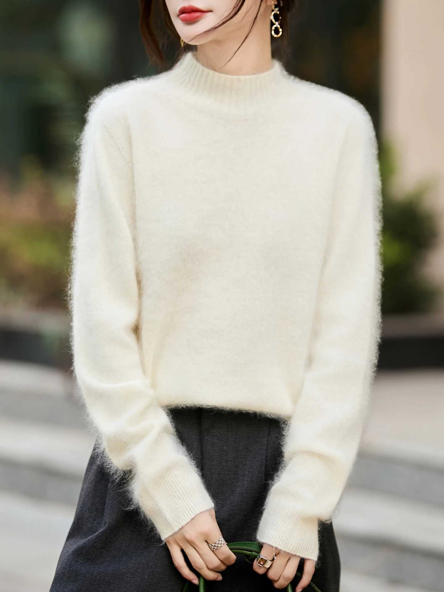 Mock Neck Pullover Sweater 100 Merino Wool Knitwear Casual Loose Womens Autumn Winter Soft Clothing Tops Upgrade TechnologyT251025