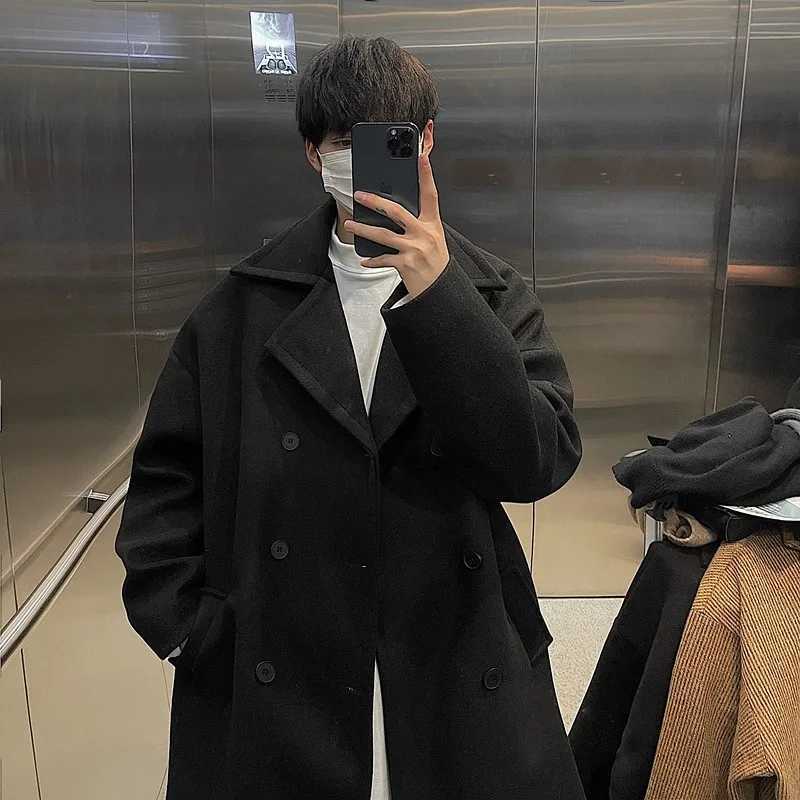 Long Dust Coat Men Winter Koreanstyle Trench Mens Solid Double Breasted Woolen Cloth Coat Loose Casual Trenchcoat OutwearT251025