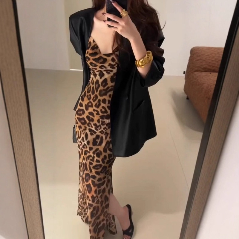 Autumn 2025 Elegant sisters Suit Design Black Casual Jacket High end Leopard Tank Top Dress Women's Fashion