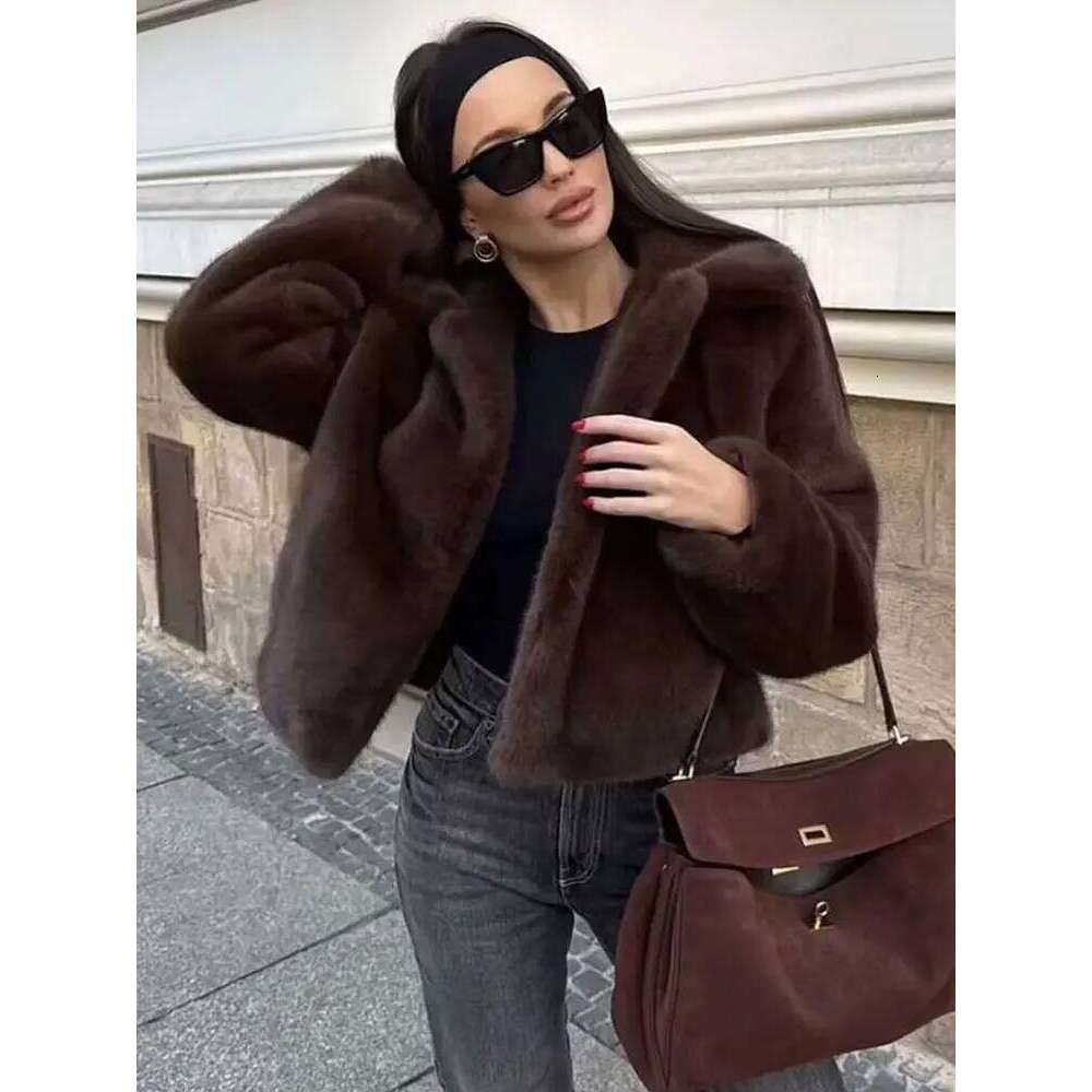 Winter Women's Fashion Faux Fur Warm Coats Solid Long Sleeves Lapel Single Breasted Pockets Chic Coat Vintage Outerwear