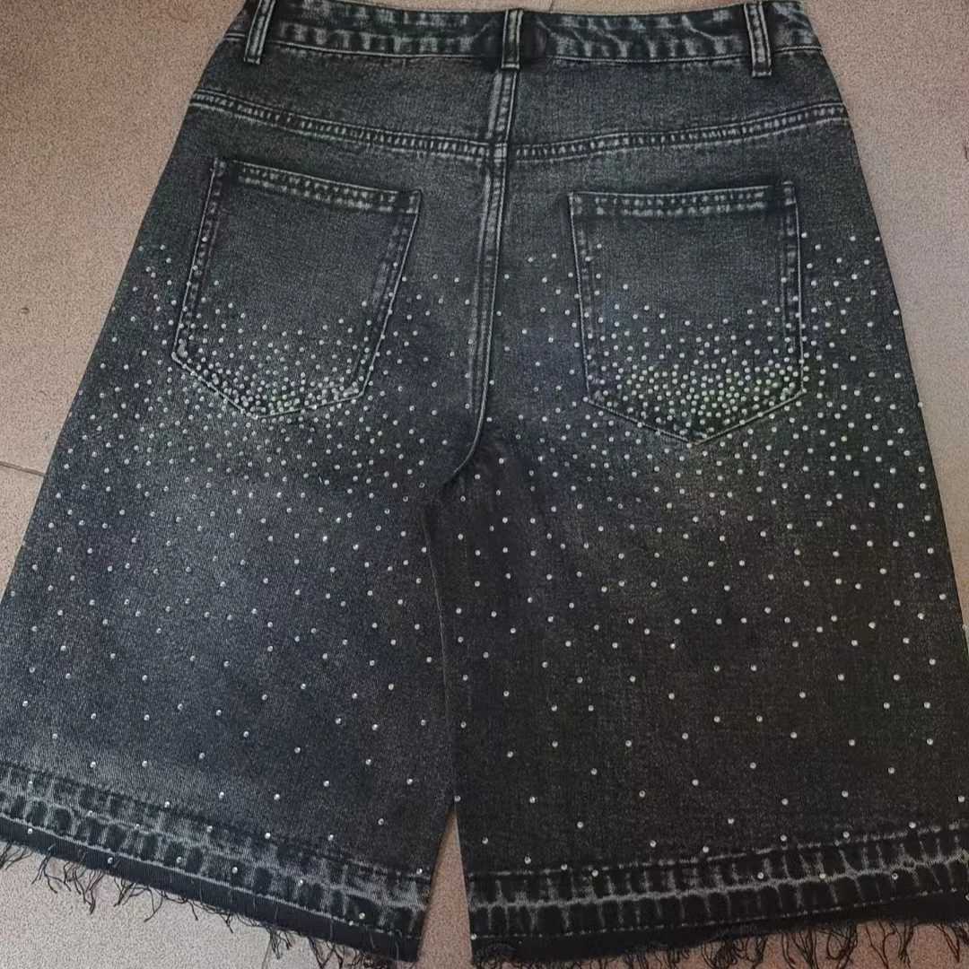 Streetwear Mens Womens Cross Rhinestone Denim Shorts Y2K Jeans Hip Hop Cross Sequins Vintage Baggy Gym Shorts Basketball ShortsXJ251025