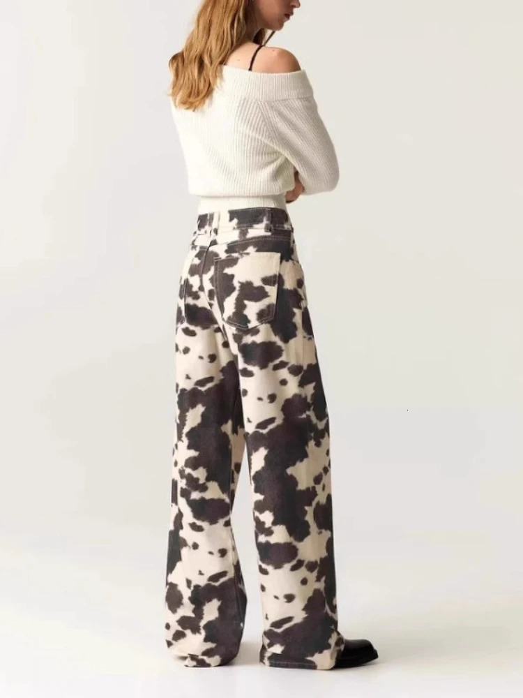 HOUZHOU Vintage Cow Print Jeans Women Y2k Baggy Hip Hop Washed Denim Trousers Grunge Retro Streetwear Wide Leg Jeans Aesthetic 251023
