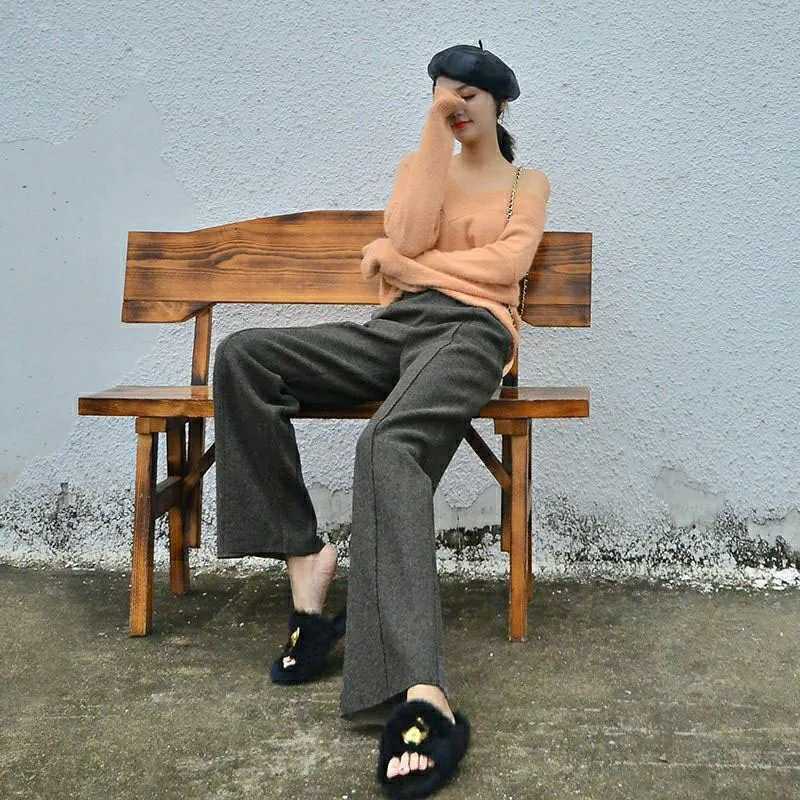 Xpqbb Womens High Waist Wool Blend Pants Fall Winter Loose Warm Straight Trousers for Women Elegant Thick Woolen Wide Leg PantsT251025