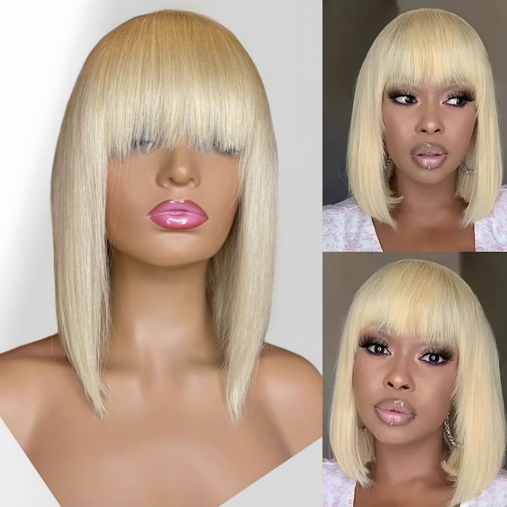 613 Blonde Bob Wig with Bangs Human Hair Silky Straight Glueless 8-16 Inch Short Hair for Women Daily Party Use