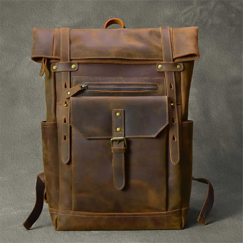 Retro Genuine Leather Mens Backpack Large Hiking Bagpack Bag Crazy Horse Leather Travel Backpack Male Rucksack 156Laptop Bag W251025