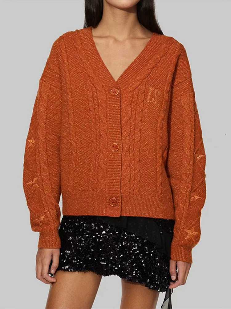 Orange Cable Knitted Womens Sweater Star Embroidery Cardigan Tops Trendy Casual Outerwear Vintage Autumn Tops Woman Casual WearT251025