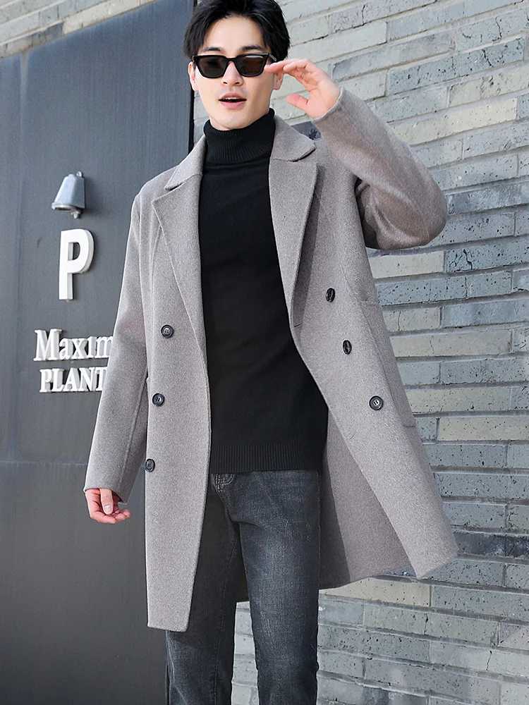 100 Merino Wool DoubleSided Coat Mens Suit Collar DoubleBreasted Coat Handmade Long HighStreet Business Top With PocketT251025