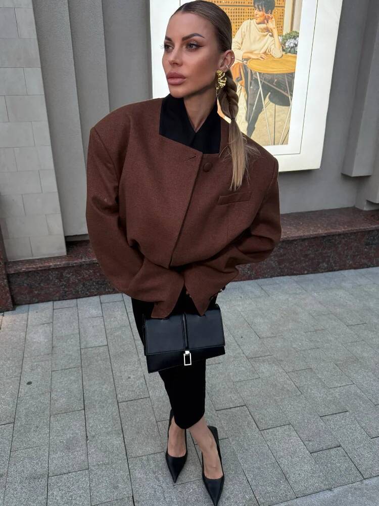 Chic Women Contrasting Loose Jacket Elegant Stand Collar Full Sleeves Single Breasted Coats Autumn Female Street Outwears dongdumaoyi