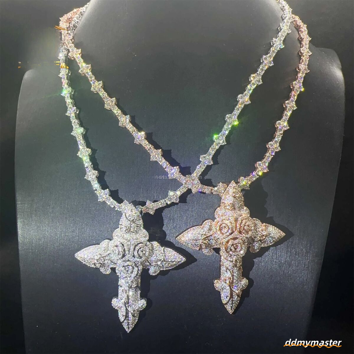 In Stock Fashion Man Jewelry Gold Color Hip Hop S Vvs1 Moissanite Dia Rose Flower Cross Pendant Necklace Set Ddmymaster