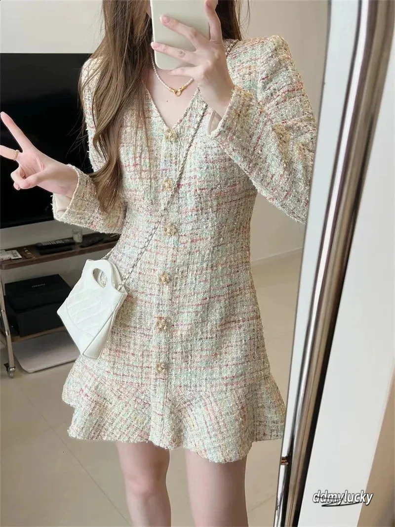 Dresses Women, Women's Tweed Mini - Elegant V-Neck Long Sleeve A-Line Ruffle Hem Short Dress For Autumn Fashion Ddmylucky