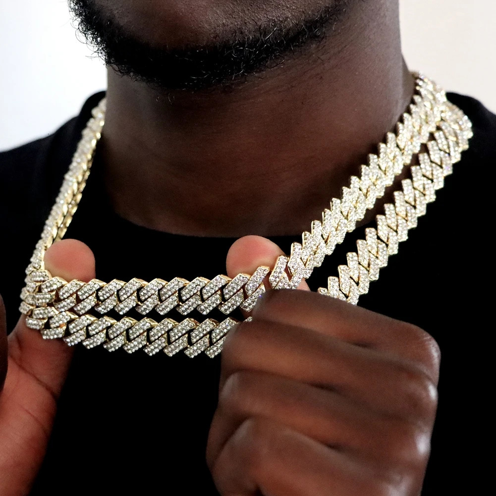 Hip Hop 14MM Prong Cuban Link Chain Necklace Bracelet Iced Out Bling Cuban Chain Rhinestone Chains For Men Punk Rapper Jewelry 251013