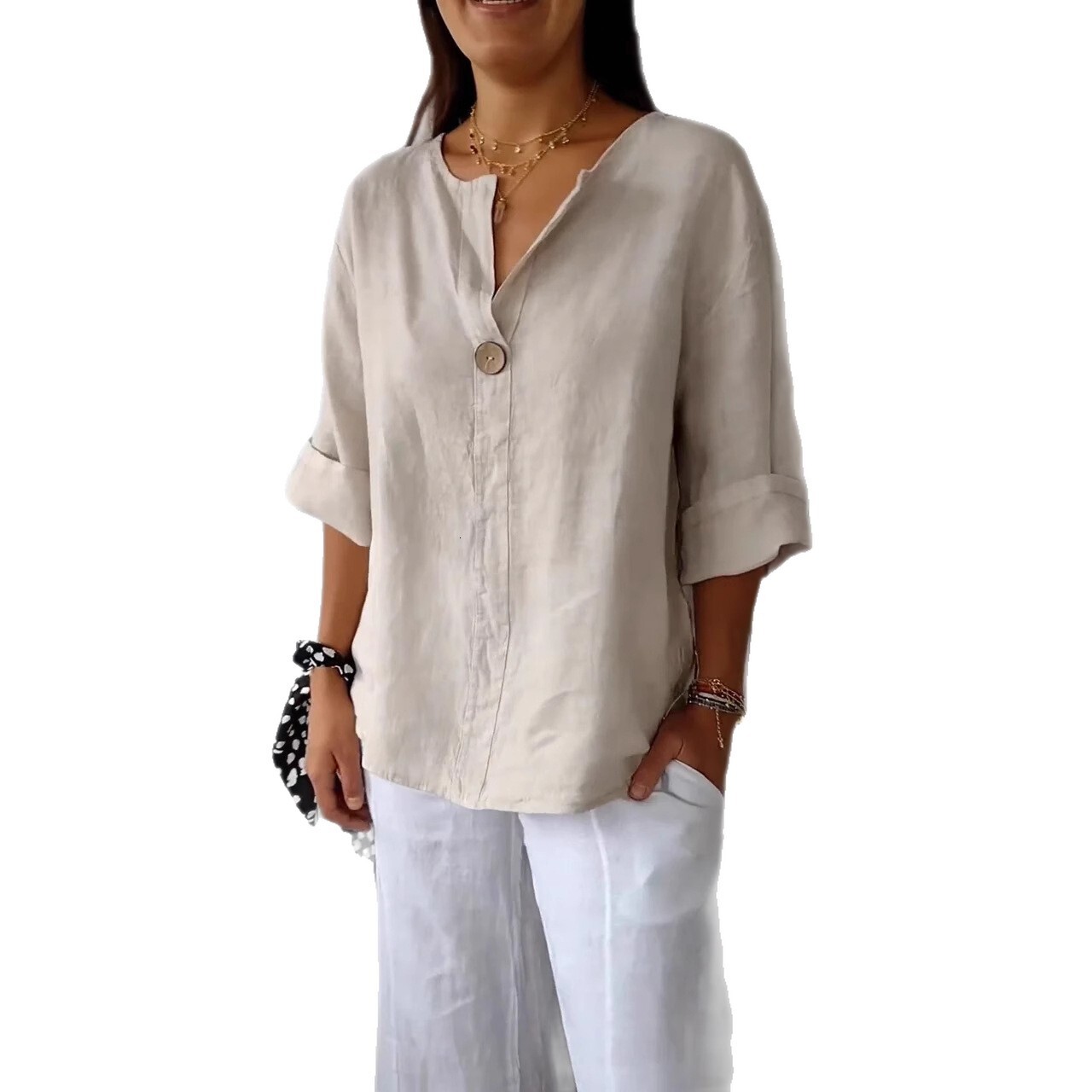 2025 Autumn Winter Womens Shirt Solid Color Fashion Casual Loose Top TShirt for Women