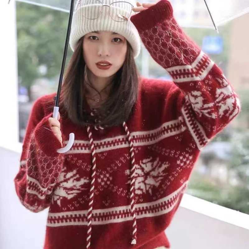 100 pure wool cashmere sweater womens 2024 autumn and winter new hooded collar pullover fashionable loose knit plus size topT251025