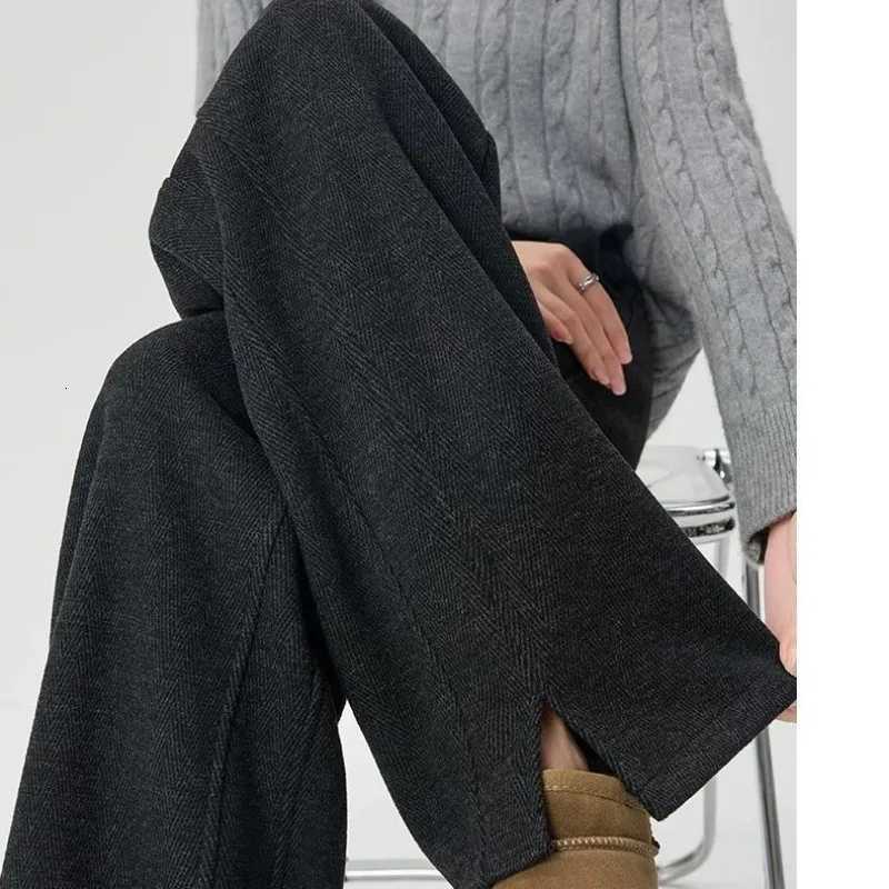 New Herringbone Pants for Womens Autumn and Winter Woolen Slit Pants Straight Banana High Waist Casual PantsT251025