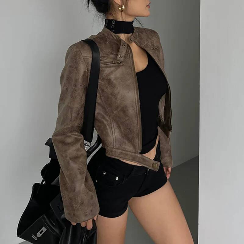 Stand Collar Leather Coat Women Autumn New Straight Tube Slim Short Motorcycle Jacket Korean Sweet D8FN dongdumaoyi