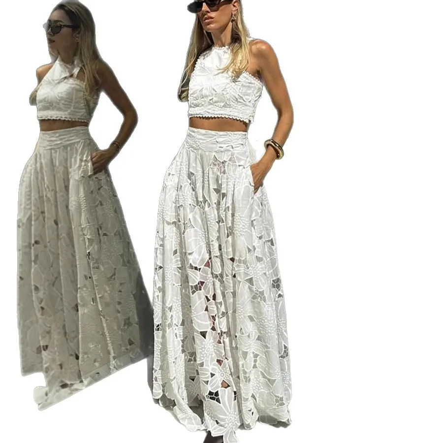 PRINTKAOIR Spring Summer Women White Flower Casual Lace Hollow Out Vest Top And Long Skirt Two Piece Set Holiday 251016