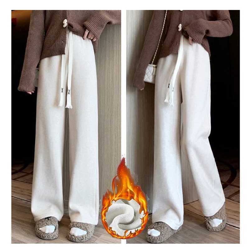Winter Girls High Waisted Baggy Plush Pants Female Straight Leg Warm Thermal Trousers Lady Korean Drawstring Casual PantsT251025