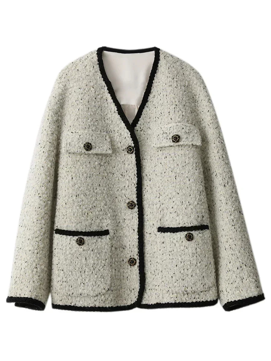 CHIC VEN Fashion Womens Wool Coat Single Breasted Vintage Jacket VNeck Office Lady Overcoat Female Tops Spring Autumn 251020
