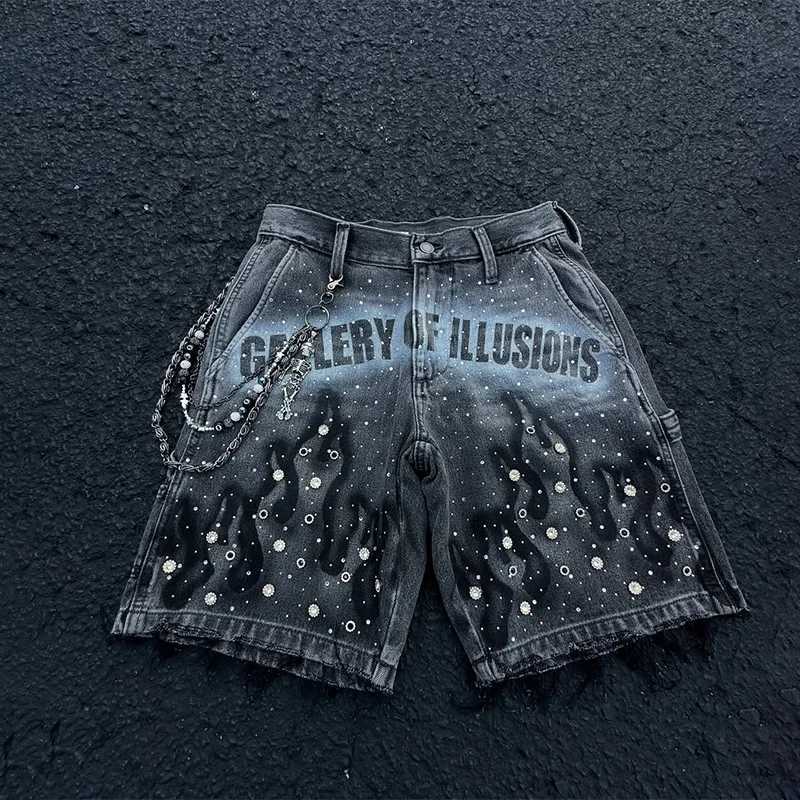 Y2K Fashion Distressed Jeans Retro Rhinestone Flame Pattern Printing Casual Washed Denim Shorts Men Women High Waist StreetwearXJ251025