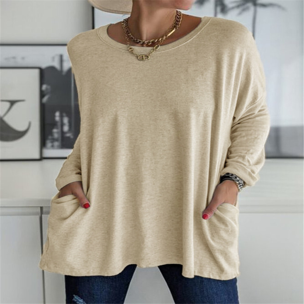 Spring Summer New Round Neck Long Sleeve Loose Pocket Solid Color T-Shirt Casual Women's Clothing