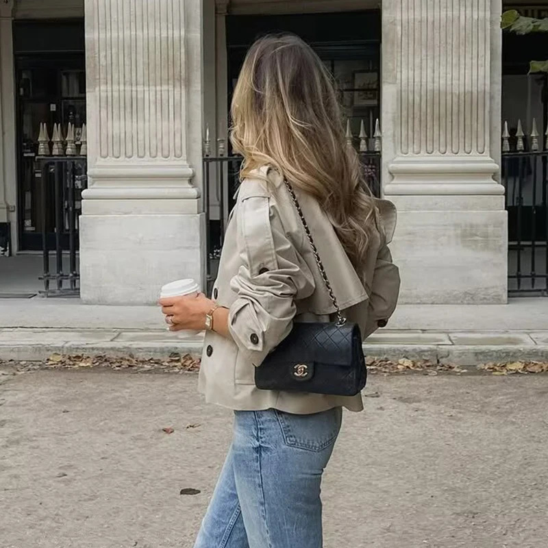 Womens Short Trench Coat Fashion Double Breasted Turndown Collar Long Sleeve Coats Autumn Vintage Female Outerwear Chic Tops 251024