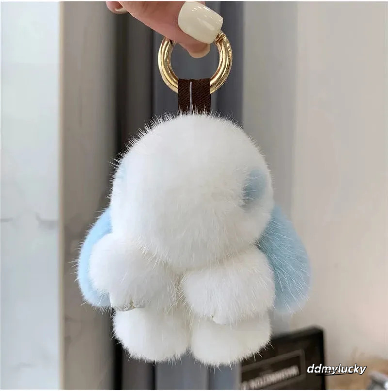 Cute Long Ear Bunny Keychain Real Mink Fur Rabbit Doll Pendant Toys Keyring Handbag Charm Ornament Pompom Plush Jewelry Gifts Y240829 Ddmylucky