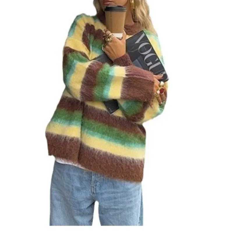 Striped Winter Clothes Woman Pulls Femmes Allmatch Loose Simple Style Sweater Comfortable Knitted Contrast Color Loose CasualT251025