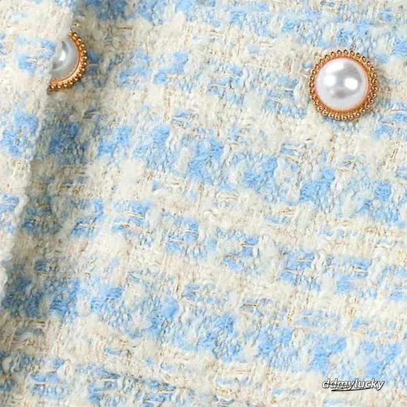 Cropped Cardigan: Elegant Single-Breasted Autumn/Winter Pearl Button Long Sleeve Outwear Top - Perfect For Chic Style, Ladies Blue Tweed Jacket Ddmylu