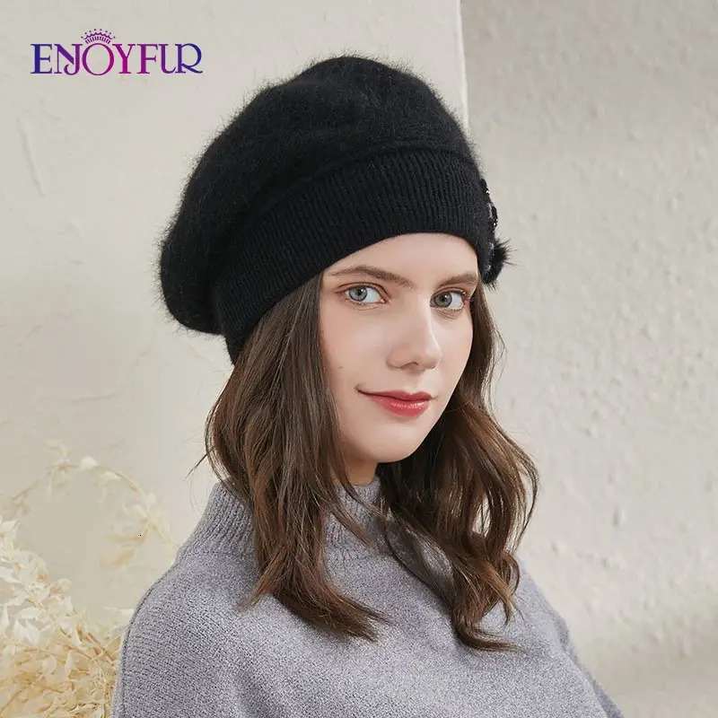 ENJOYFUR Cashmere Beret Hat Female Rabbit Knitted Winter Hats Caps Lady MiddleAged Cap Fashion BowKnot Ball Gorro Warm Hat 251023