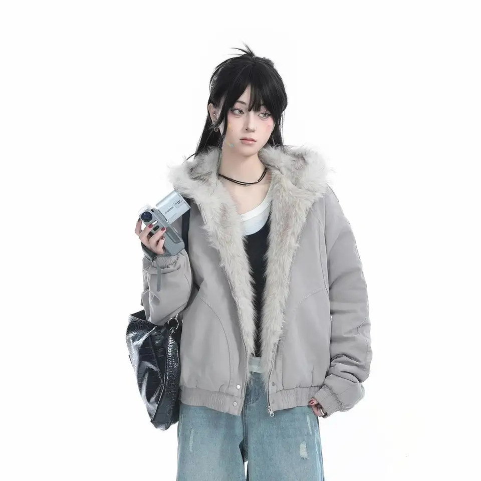Y2K Fashion Niche Fur Collar Cotton Hooded Jacket Women Retro Streetwear Loose Plus Velvet Warm Harajuku Casual Plush Jacket 251020