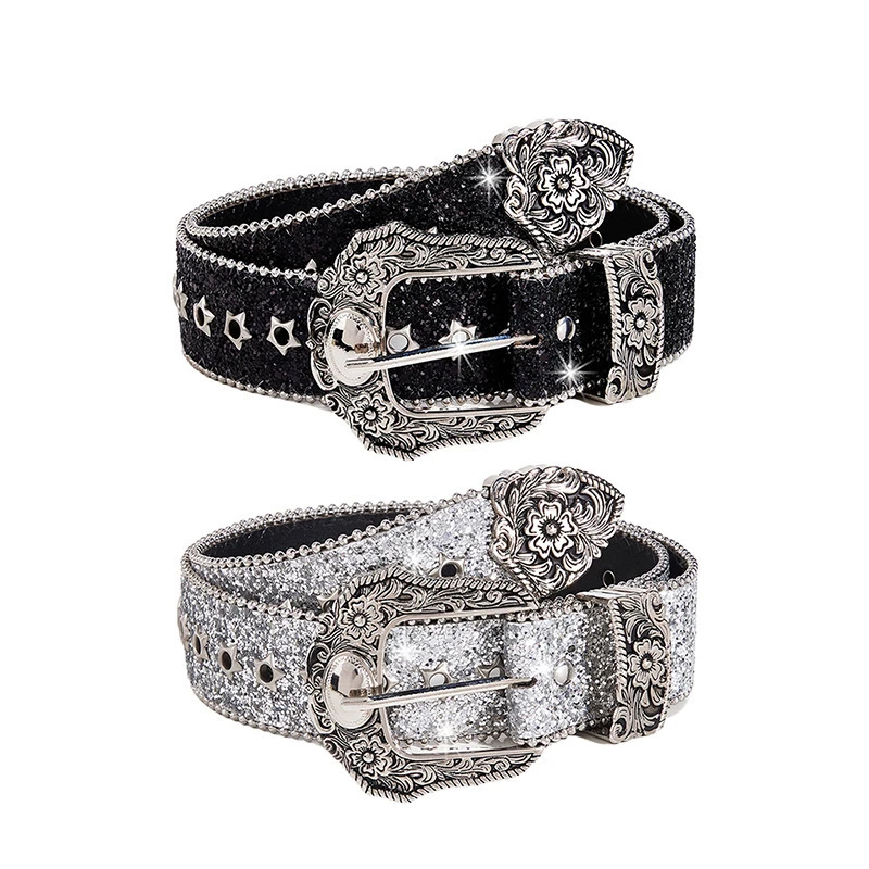Personality Gothic Rhinestone Belts For Women Girl Fashion PU Leather Belts Western Cowboy Y2K Retro Jeans Skirt Decor Waistband 251024