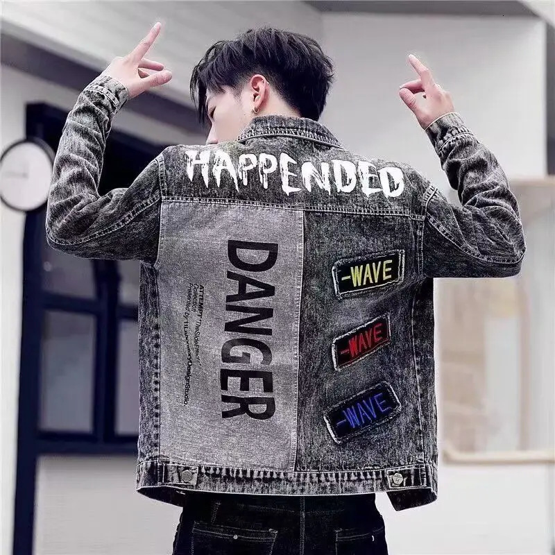 Men Vintage Denim Jacket Handsome Embroidery Jean Patchwork Long Sleeve Classic Outerwear Windbreaker Spring Autumn Coat 251017