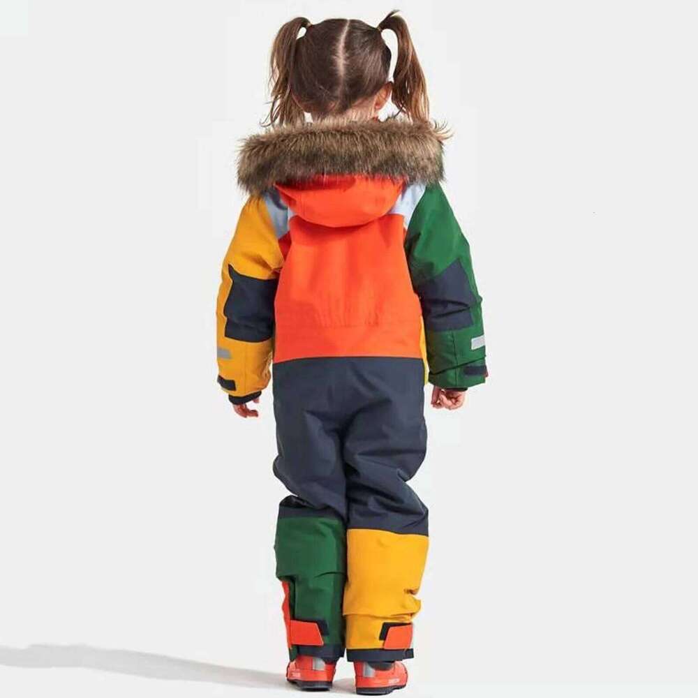 One-Piece Children's Ski Suits Snowboarding Fur Collar Hooded Thickening Windproof Warm Winter Skiing Clothes For Girls Boys