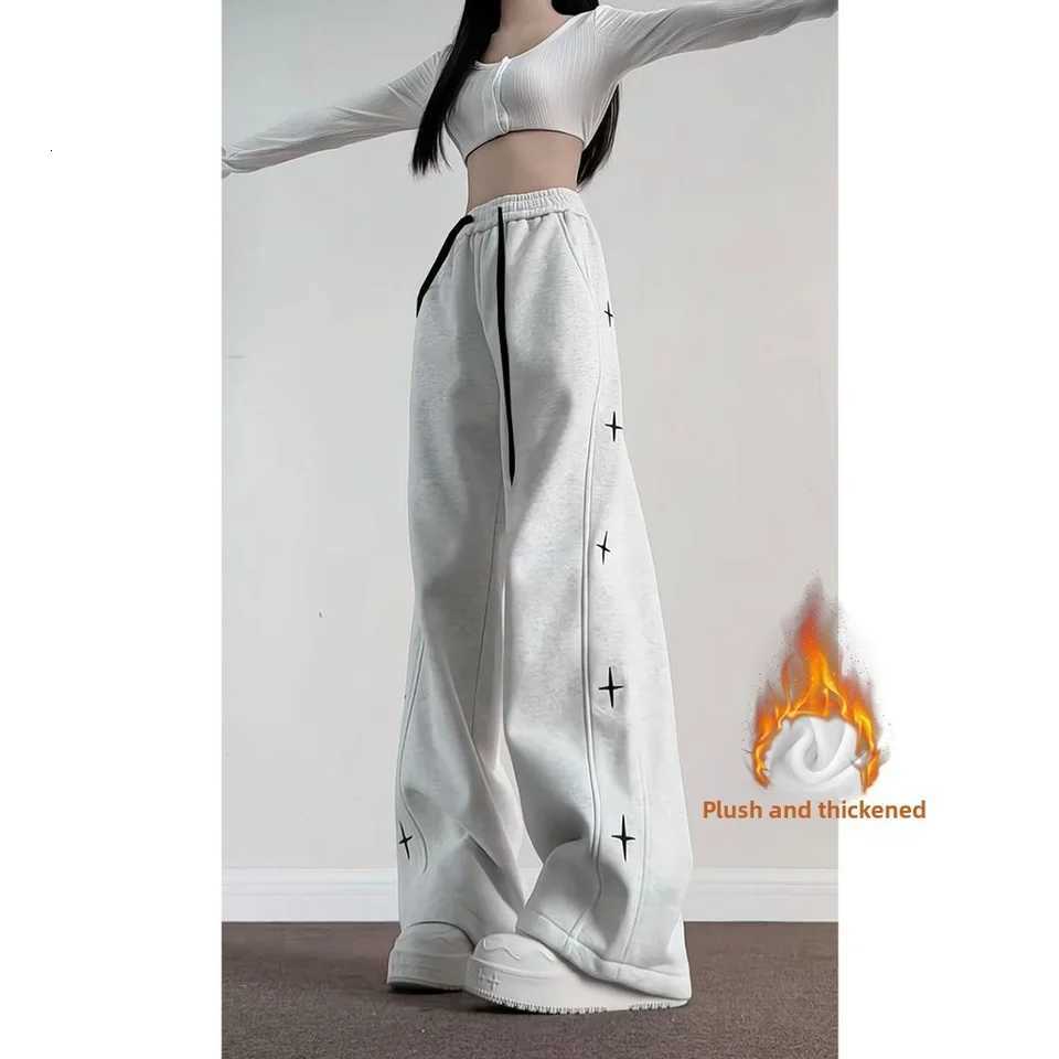 Womens Velvet Star Print Straight Leg Pants Korean Casual Sports Autumn Winter New Item for StudentsT251025