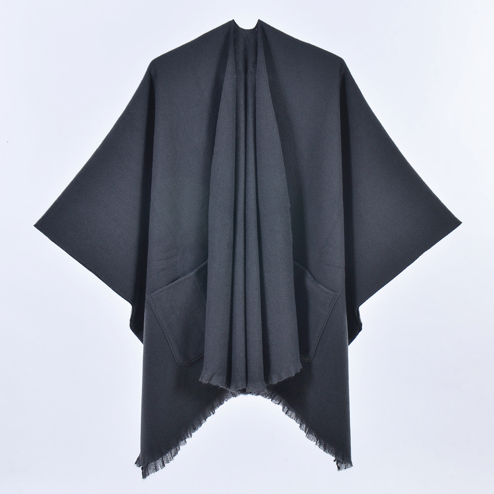 New Solid Color Pocket Shawl for Women Versatile Tassel Split Cape Travel Outerwear Warm Cardigan