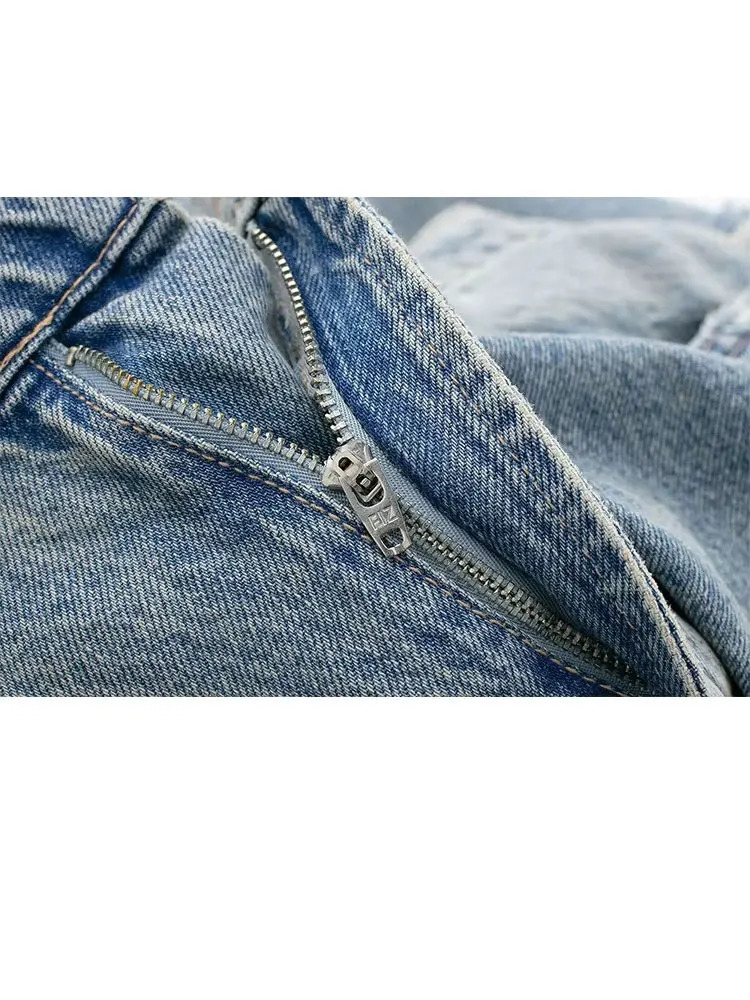 HH Womens Street Fashion Denim Blue Jeans Distressed Patchwork High Waist Zipper Fly Ripped Retro Long Pants 251023