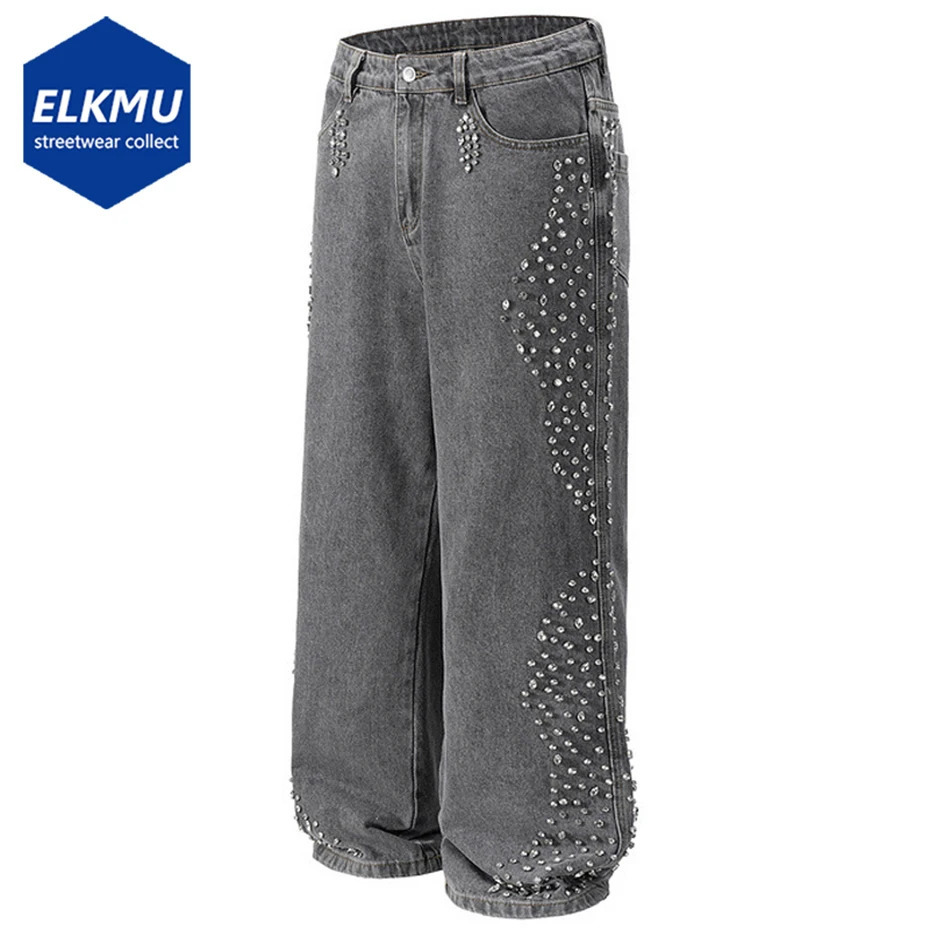 Diamond Jeans Side Rhinestone Wide Leg Baggy Jeans Men Streetwear Fashion Denim Pants Black Blue Hipster Jeans 251023