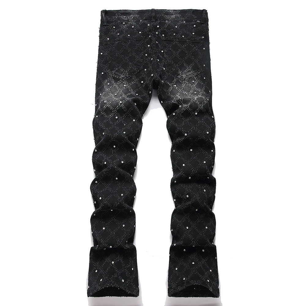 Mens Crystal Boot Cut Jeans Punk Black Stretch Denim Pants Rivet Slim Flared Trousers Fashionable Bootcut Trousers 251024