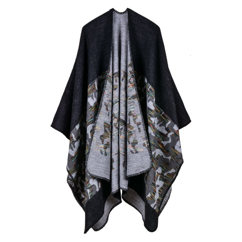 Womens Fashion Camouflage Imitation Cashmere Split Long Thickened Shawl Cape