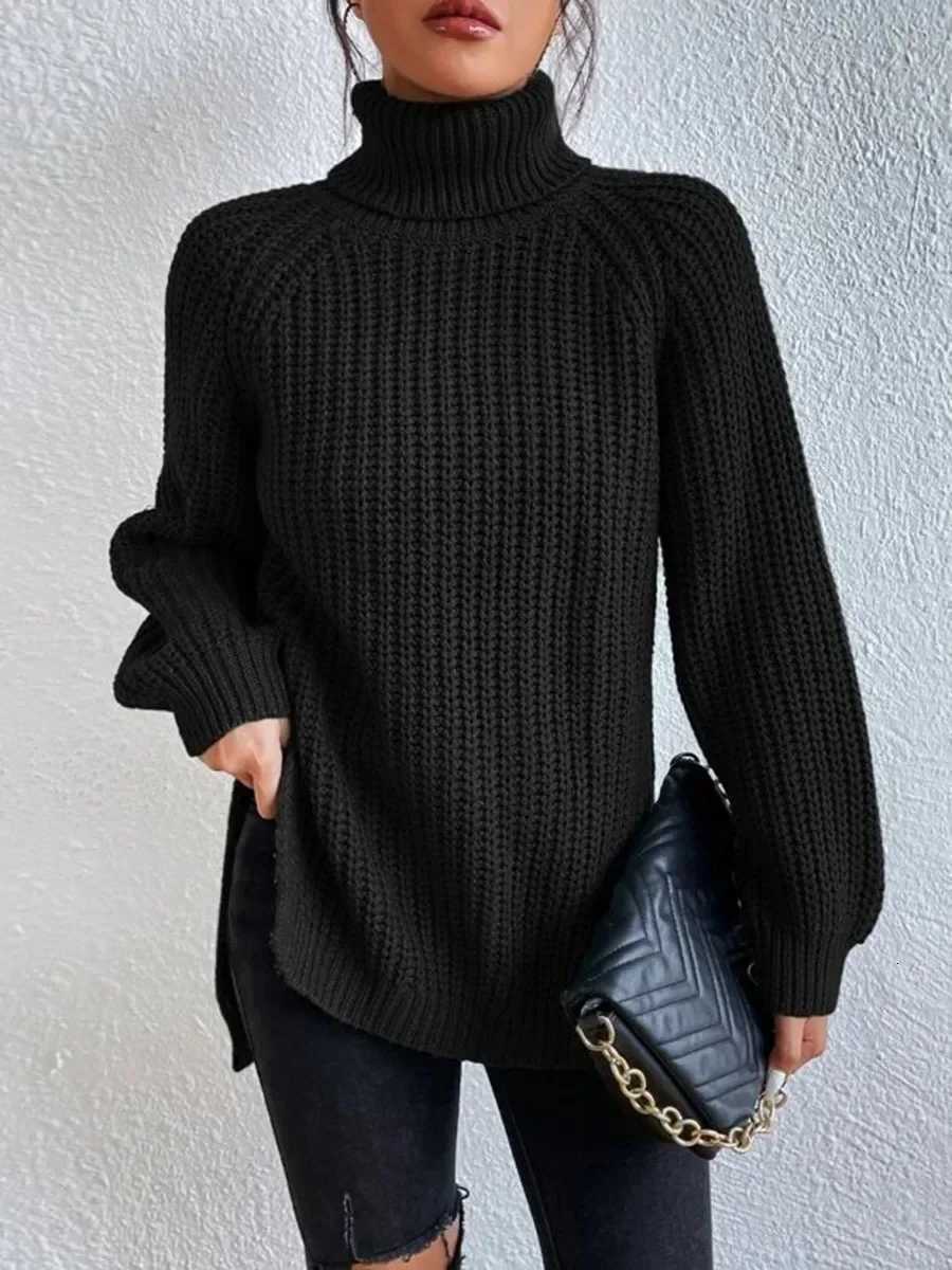 Turtleneck Y2k Kintted Sweater Women Split Crochet Jumper Top Egirl Pullover Spring Autumn Winter Thick Sueter Work JumpersT251025