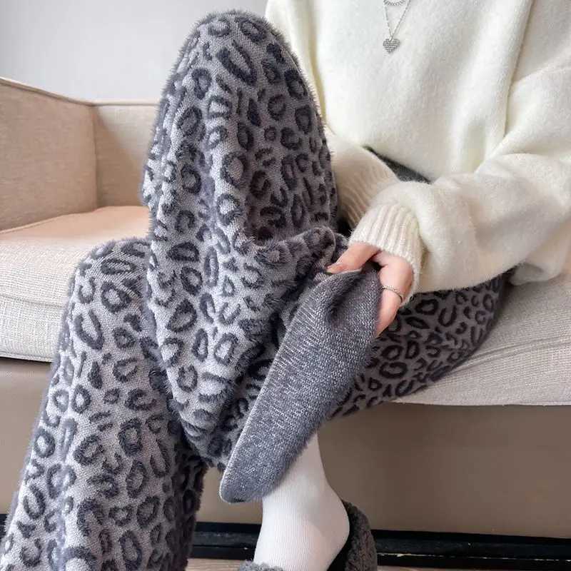 Coffee Leopard Print Knitted Wide Leg Pants Women Mink Fleece Warm Winter Doublesided Fleece Winter Pants Lazy Hanging FeelingT251025