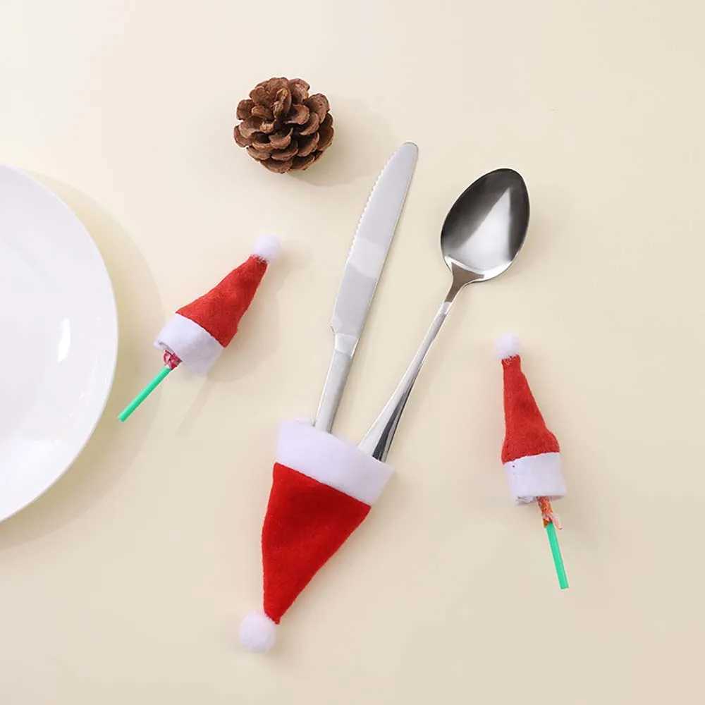 Mini Christmas Decoration HatsRed Mini Christmas CapWine Bottle Santa CapCutlery Holder for Kitchen Dining Decor C251024