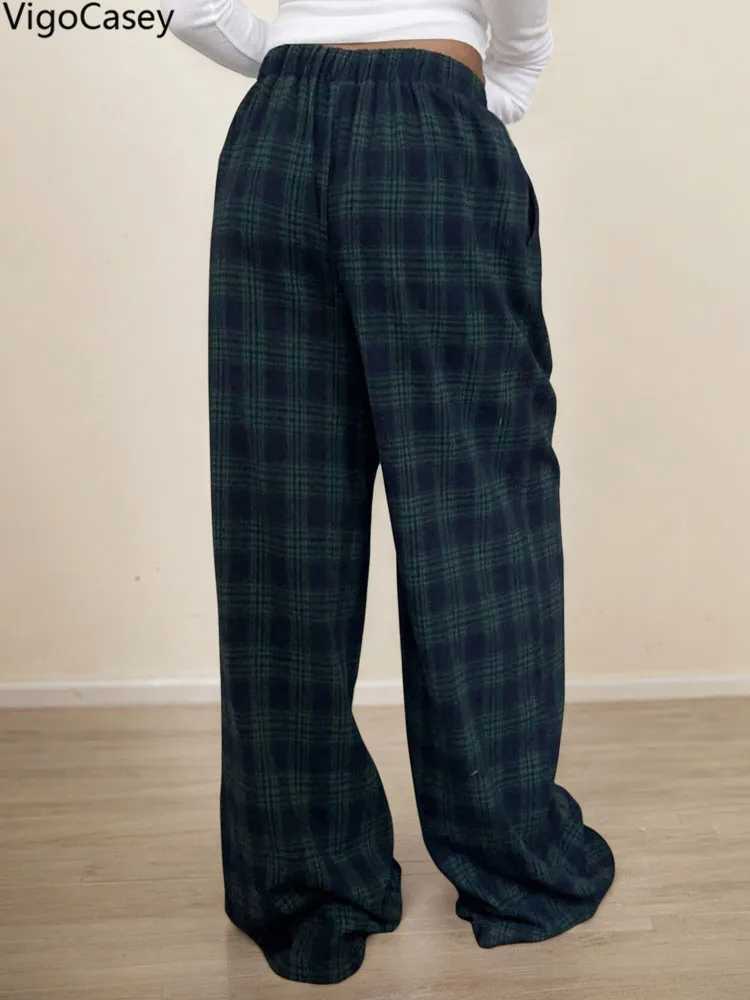 VigoCasey 2025 Women Plaid Print Pants Casual High Waist Wide Leg Pants Lady Green Baggy Pants Ladies Autumn Winter TrousersT251025