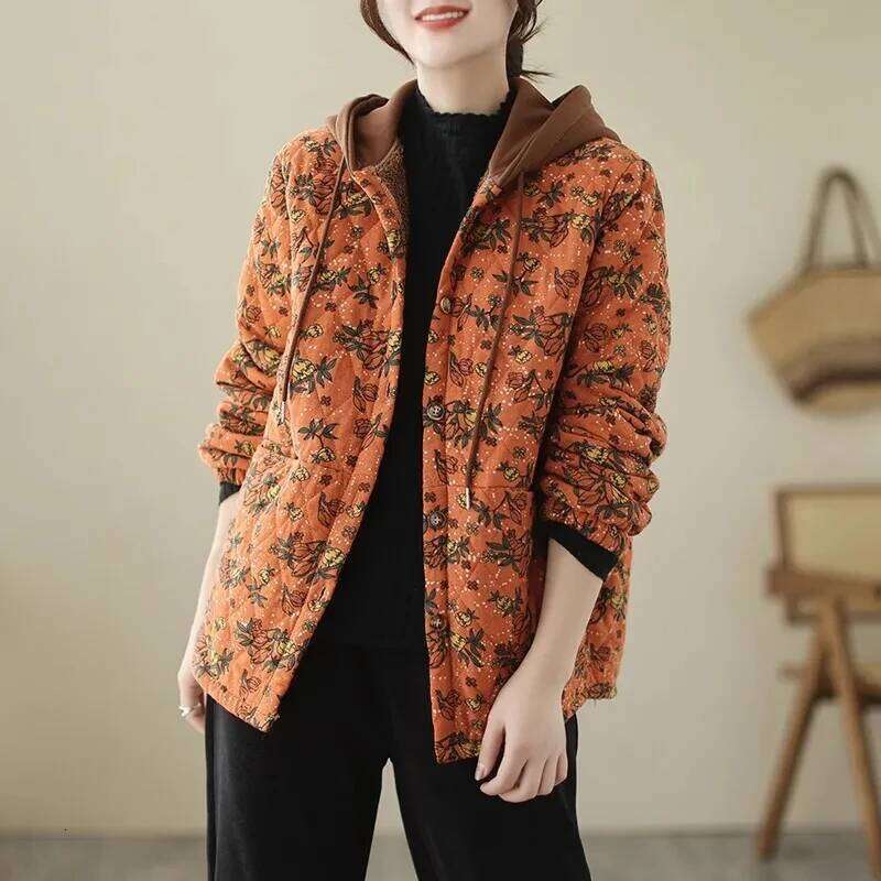 2025New Autumn Winter With Cotton-Padded Jacket Women Mid-Aged Mother Hooded Floral Plus Veet Warm Parkas Coat Female Coats Designer Women