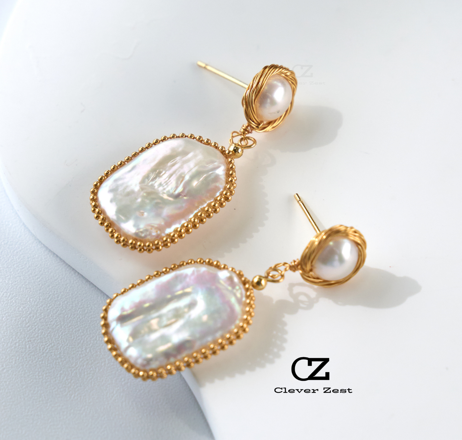 Natural White Square Baroque Wrapped Earrings 14K Gold-Filled Fashionable Versatile Trend Anniversary Gift Best Friend Gift