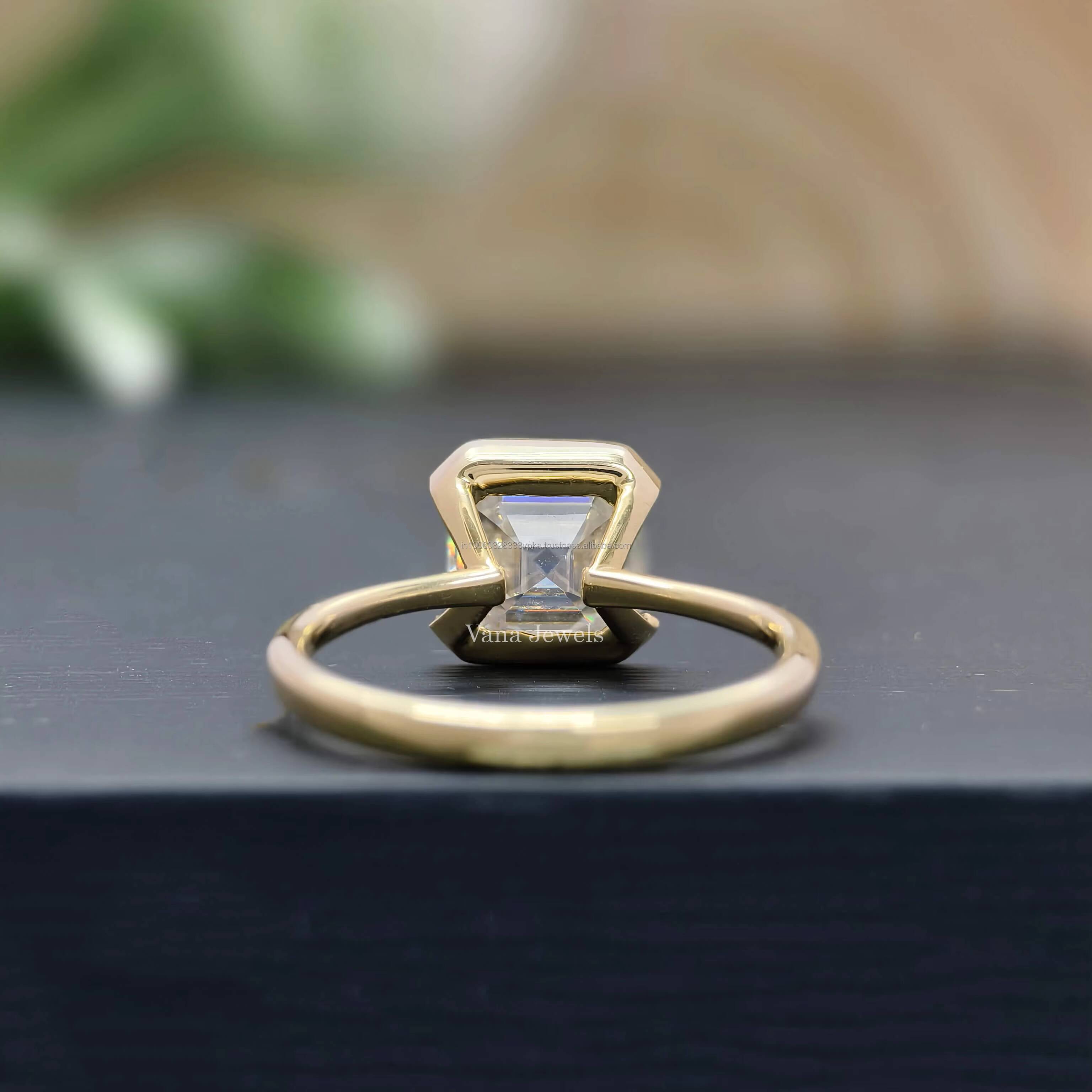 Asscher Cut Moissanite Solitaire Engagement Ring in 14K Solid Yellow Gold with Half Bezel Setting wedding or anniversary gift