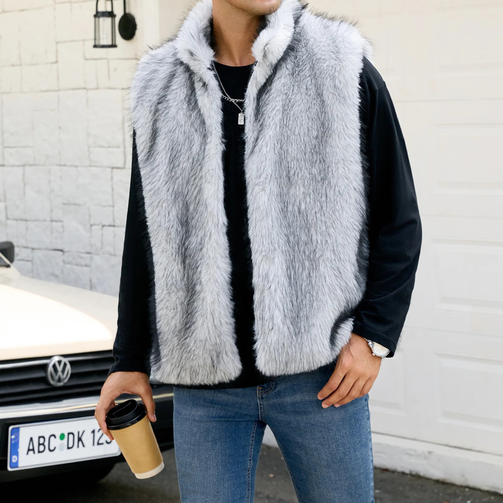 Men Faux Fur Sleeveless Coat Loose Contrast Stand Collar Warm Furry Fall Winter Vest Jacket 251020